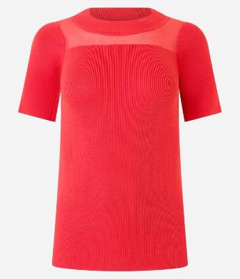 Blusa em Tricô com Mangas Curtas e Recorte em Tule