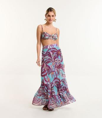 Saída de Praia Saia Transpassada em Chiffon com Estampa de Coqueiros