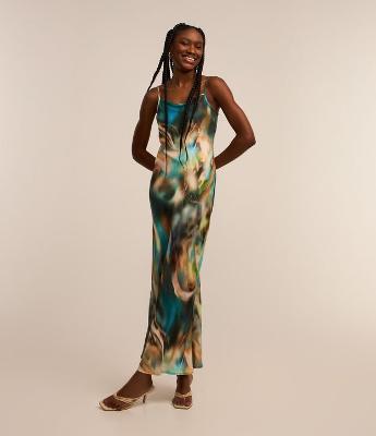 Vestido New Midi em Crepe com Alças Finas e Estampa Abstrata