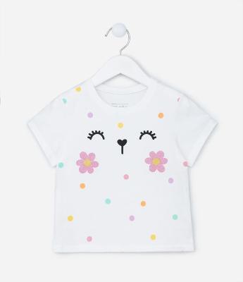 Blusa Infantil em Algodão com Estampa Carinha e Florzinhas - Tam 1 a 5 Anos