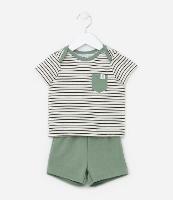 Conjunto Infantil em Algodão com Bolsinho e Estampa de Listras - Tam 0 a 18 meses - 1