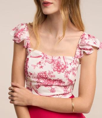 Blusa Cropped em Crepe com Babado na Alças e Estampa Floral