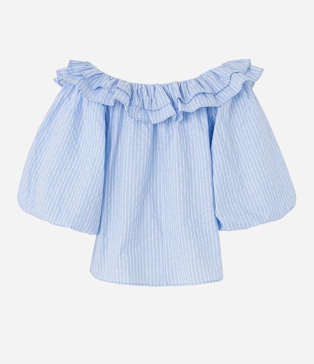 Blusa Ombro a Ombro em Tricoline com Babados e Estampa Listrada - 1