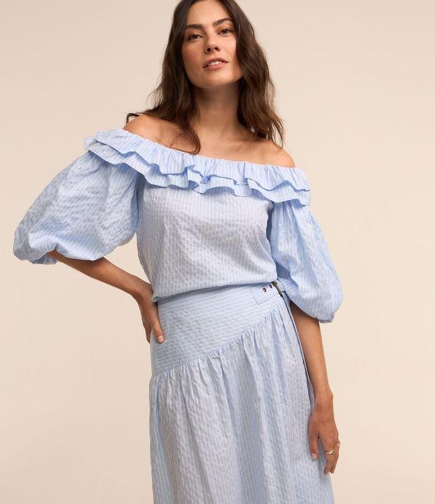 Blusa Ombro a Ombro em Tricoline com Babados e Estampa Listrada - 3