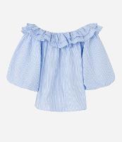 Blusa Ombro a Ombro em Tricoline com Babados e Estampa Listrada - 1