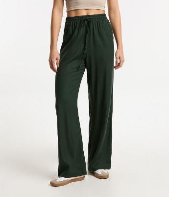 Calça Reta em Viscose com Linho e Amarração no Cós