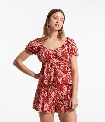 Blusa Ombro a Ombro em Viscolinho com Estampa Tropical