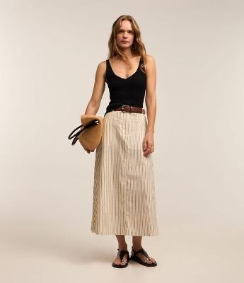 Saia Midi em Tricoline com Passantes no Cós e Estampa Listras em Fio Tinto