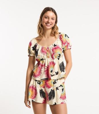 Blusa Ombro a Ombro em Viscolinho com Araras Estampadas