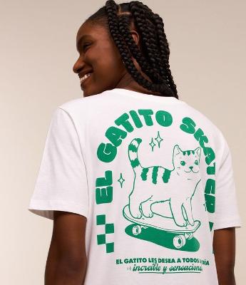 Camiseta Alongada em Algodão com Estampa de Gatinho Skatista