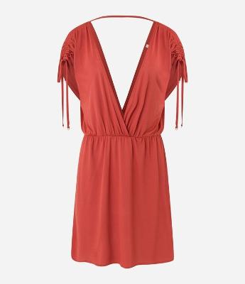 Saída de Praia Vestido em Crepe com Franzido e Amarração nos Ombros