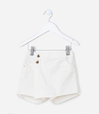 Short Saia Infantil em Sarja com Botões Coração e Barra Desfiada - Tam 1 a 5 Anos