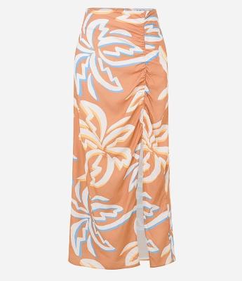 Saia Midi em Viscose com Franzido e Estampa Coqueiro