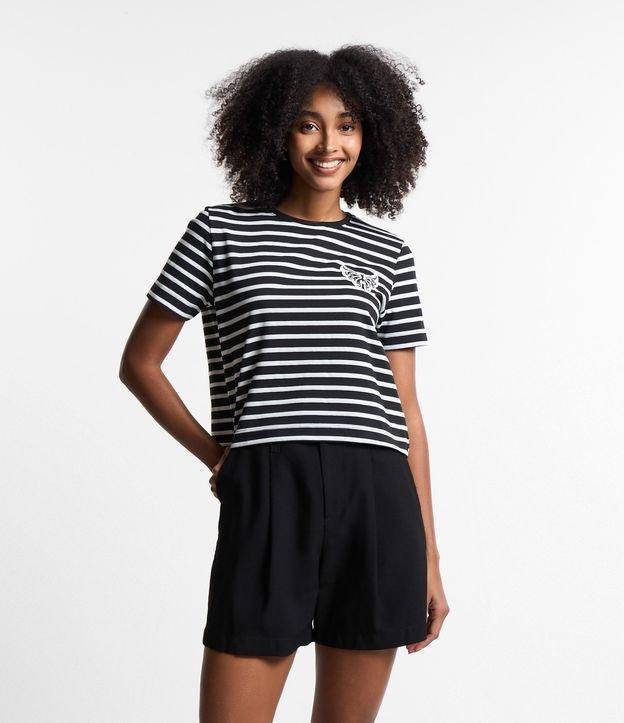 Blusa T-shirt em Algodão Listrado com Bordado Borboleta - 1