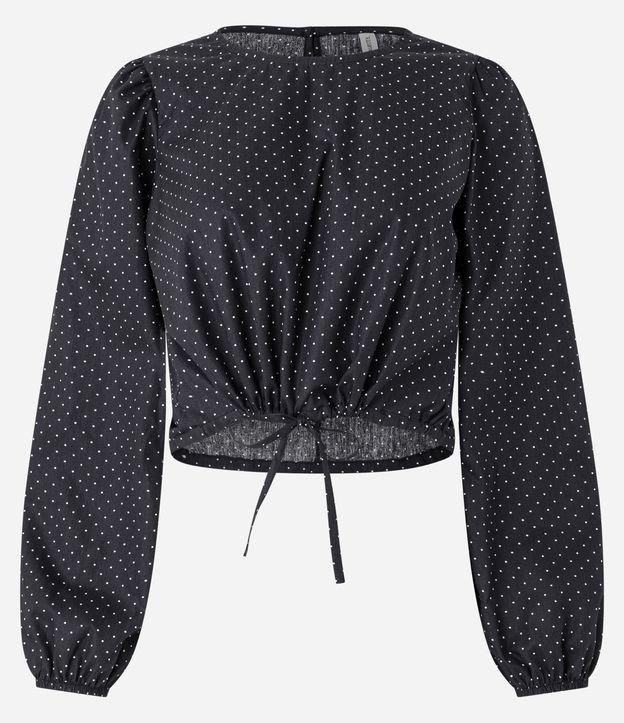 Blusa Cropped em Tricoline Poá com Amarração na Barra - 1