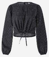 Blusa Cropped em Tricoline Poá com Amarração na Barra - 1