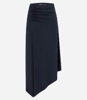 Saia Midi em Jersey com Franzidos e Barra em Ponta