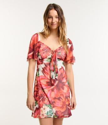 Vestido em Tule com Amarração no Busto e Estampa Floral