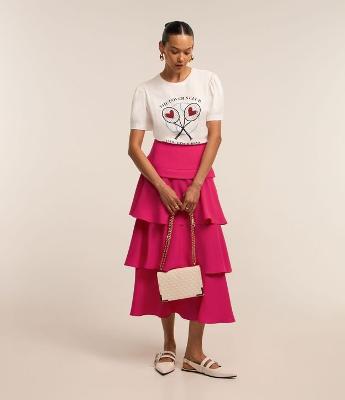 Saia Midi em Crepe com Zíper nas Costas e Babados em Camadas