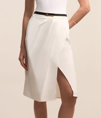 Saia Lápis Alfaiatada com Cinto em PU e Detalhe Drapeado