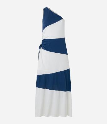 Vestido New Midi em Algodão com Ombro Só e Blocos de Cor