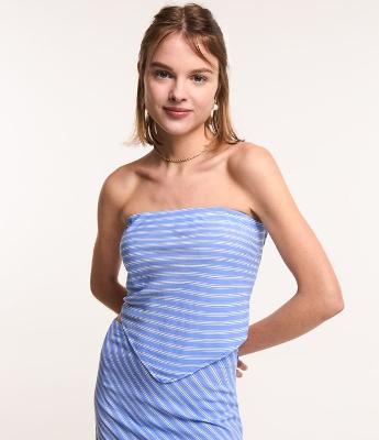 Blusa Cropped em Viscose com Listras em Fio Tinto e Lastex nas Costas