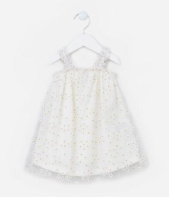 Vestido Infantil em Tule com Estampa de Florzinhas com Glitter - Tam 0 a 18 meses