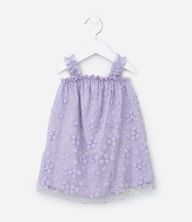 Vestido Infantil em Tule com Estampa de Florzinhas com Glitter - Tam 0 a 18 meses - 1