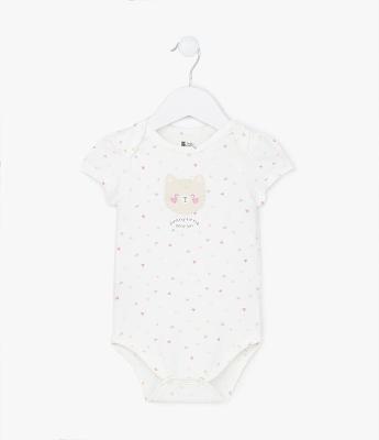Body Infantil em Algodão com Estampa de Gatinha e Corações - Tam RN a 18 meses