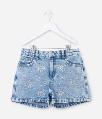 Short Infantil em Jeans com Brilhos Aplicados - Tam 5 a 14 Anos