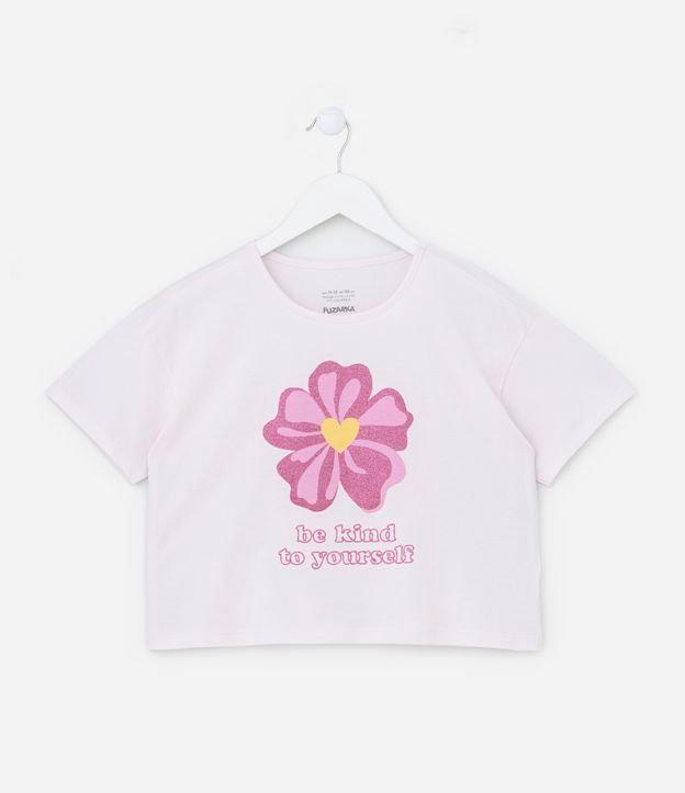 Camiseta T-shirt Cropped com Estampa de Flor com Glitter - Tam 5 a 14 Anos - 1