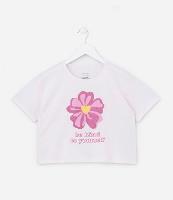 Camiseta T-shirt Cropped com Estampa de Flor com Glitter - Tam 5 a 14 Anos - 1