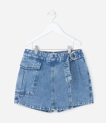 Short Saia Infantil em Jeans com Fivela e Bolso Lateral - Tam 5 a 14 Anos