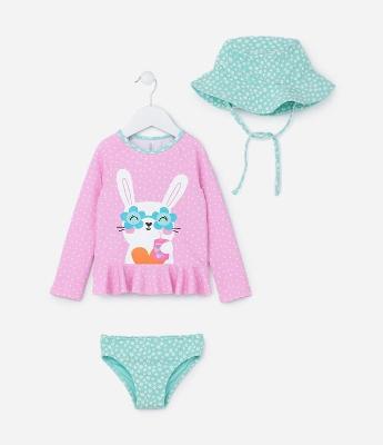 Conjunto Infantil com Proteção UV e Estampa Poá com Coelhinha - Tam 6 Meses a 4 Anos