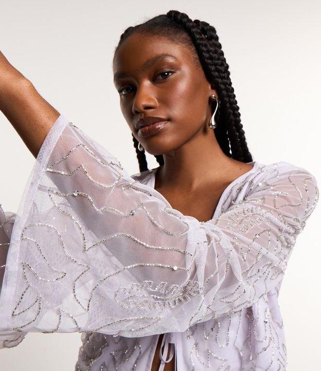 Blusa Cropped em Tule com Bordado Brilhoso e Amarração no Decote - 1