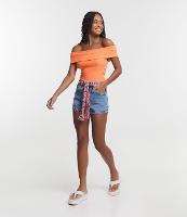 Short em Jeans com Cinto Lenço com Coqueiros Estampados - 1