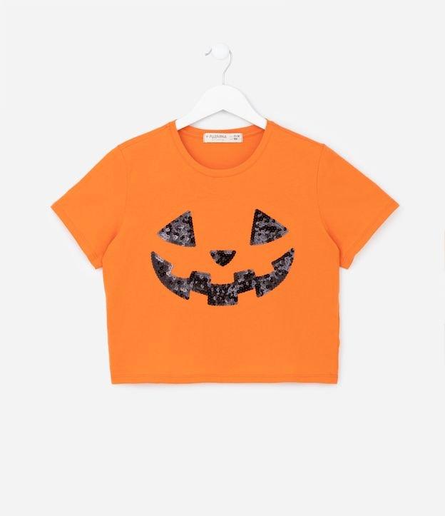 Camiseta Cropped Infantil com Bordado Cara de Abóbora - Tam 5 a 14 Anos - 1