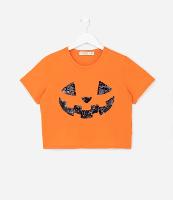 Camiseta Cropped Infantil com Bordado Cara de Abóbora - Tam 5 a 14 Anos - 1