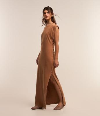 Vestido New Midi em Algodão Estonado com Fenda Lateral