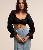 Blusa Cropped em Tricoline e Babados nos Punhos em Sino - 1