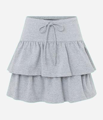 Saia Curta em Algodão com Babados e Amarração no Cós