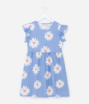 Vestido Infantil em Algodão com Babados e Estampa de Margaridas - Tam 5 a 14 Anos