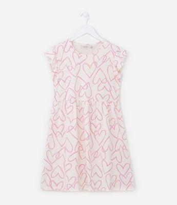 Vestido Infantil com Babadinho e Estampa de Corações - Tam 5 a 14 Anos