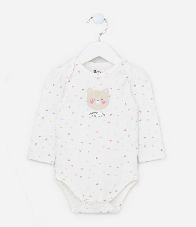 Body Infantil com Estampa de Gatinha com Corações - Tam RN a 18 meses - 1