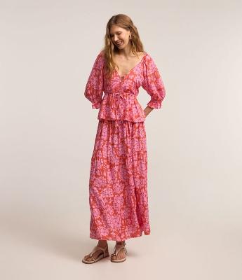 Saia Midi em Viscose com Zíper nas Costas e Estampa Floral