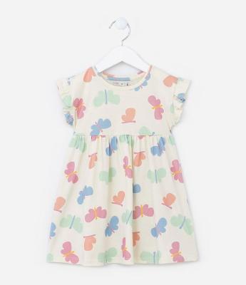 Vestido Infantil em Algodão com Babadinhos e Estampa Borboletas - Tam 1 a 5 Anos