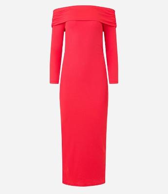 Vestido Midi em Microfibra Ombro a Ombro e Pala Virada