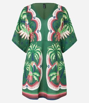 Vestido Curto Texturizado e Estampa Tropical