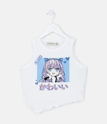 Regata Infantil com Estampa de Anime e Barra Assimétrica - Tam 7 a 14 Anos