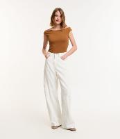 Calça WIde Leg Cintura Alta em Sarja com Recorte Transversal - 1